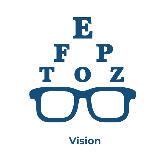 Eyeglasses with an eye chart above, representing vision benefits
