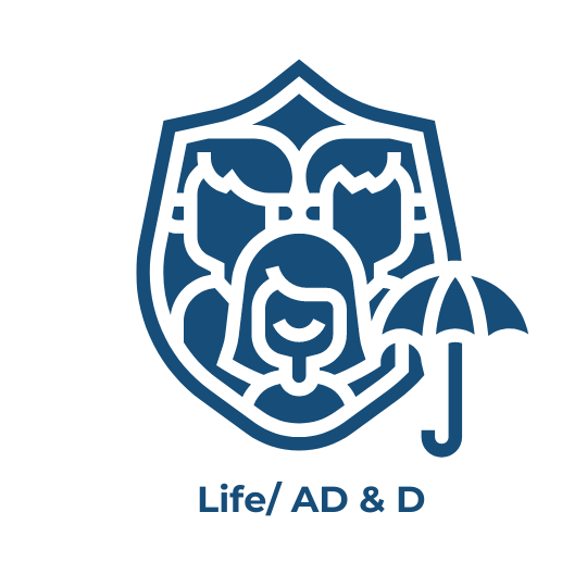 Shield with a family and umbrella, symbolizing life and accidental death insurance