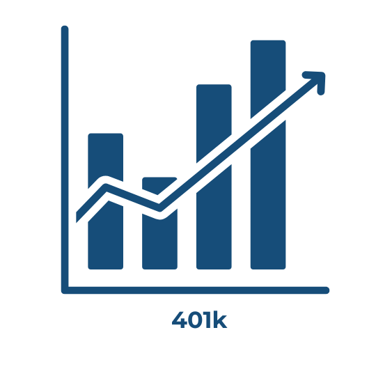 Bar chart with an upward arrow, representing retirement savings growth